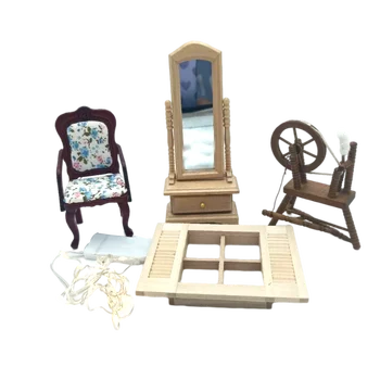 1/12 Bebek Evi Mini Oturma Odası Mobilya Aksesuarları Sandalye Ahşap Pencereler Tam boy aynası BJD Bebek İçin Blythe