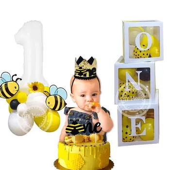 1 takım Bal Arısı Balon Kulesi Seti Kağıt Afiş Kek Toppers Çocuklar için Bebek 1st Arı Temalı Mutlu Doğum Günü Partisi Dekorasyon Malzemeleri
