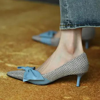 2021 yay-düğüm sivri burun stiletto kadın ayakkabısı sığ ağız tek ayakkabı kadın yüksek topuklu sonbahar pompaları