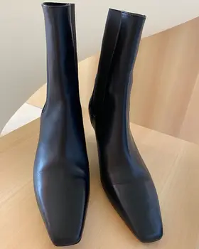 2021 İlkbahar ve Yaz Yeni Gerçek Deri Bayan Siyah Minimalist Sivri Burun Çorap Ayakkabı Düşük topuklu yarım çizmeler Kadın