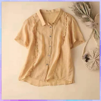 3XLPlus Boyutu kadın Pamuk Keten Tee Gömlek Yaz Vintage Blusa Düz T-shirt Gevşek Büyük Boy kısa kollu t-shirt İnce Üst