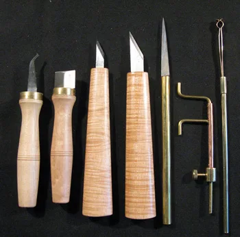 7 adet çeşitli Keman araçları, ses sonrası araçları, köprüler kesici, F delik bıçak, oluk bıçak