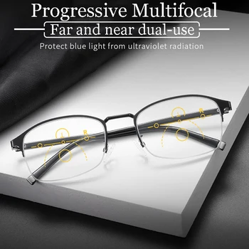 Akıllı İlerici Multifokal okuma gözlüğü Erkekler Kadınlar Uzak ve yakın çift kullanımlı TR90 Anti-mavi ışık Yarım Çerçeve Hipermetrop Gözlük
