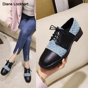Ayakkabı Kadın Lace Up rahat ayakkabılar PU Deri Oxford Ayakkabı Kadın Flats Siyah platform ayakkabılar İş Zapatos de Mujer Mavi Bej Siyah