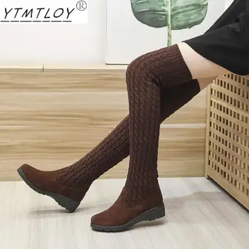 Bayanlar Kahverengi Streç Örgü Yüksek Çizmeler Diz Çizmeler Üzerinde kadın ayakkabısı Sonbahar Ve Kış Moda Kalın tabanlı Çizmeler Kadın