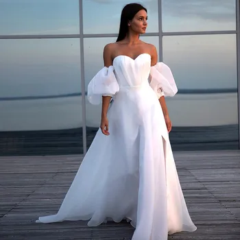 Beyaz Çıkarılabilir Kısa Kollu Plaj düğün elbisesi Boho Basit Sweep Tren Pileli Organze Gelinler Elbise Robe De Mariee