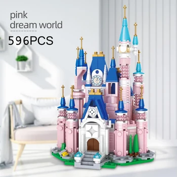 Disney dünya parkı yapı taşı Disneyland mini sahne 8in1 pembe kale modeli araya tuğla eğitici oyuncak kızlar için hediyeler