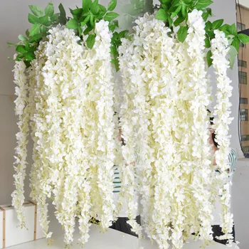 Duvar asılı Wisteria rattan yaprakları ile yapay çiçekler Beyaz garland çiçek fon sarmaşıklar odası dekor düğün aksesuarı