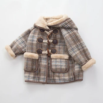 Erkek Kış Uzun Ceketler Yün Palto Kız Kadife Artı Astar Kalın Giyim Çocuklar Ekose Kapşonlu Yün Ceket 1-8 Yaşında