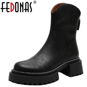 FEDONAS Sonbahar Kış Kadın yarım çizmeler Muhtasar Dikiş Platformları Kalın Topuklu rahat ayakkabılar Kadın Hakiki Deri Batı Çizmeler