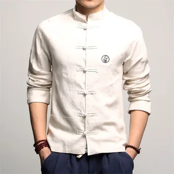 Geleneksel Çin Giyim Erkekler için Vintage Tam Kollu Yaka Keten Gömlek Tang Takım Elbise Hanfu Çin Tarzı Üst Yeni Yıl Giysileri