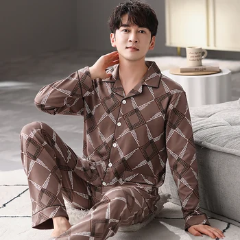 Ilkbahar Sonbahar 4XL Gevşek Pijama Pijama Erkekler için Moda Ekose Pijama Setleri Rahat Konfor Uyku Tulumu Erkek Baskı Pijama