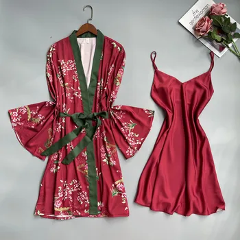 Jxgarb İki Adet Kadınlar Çiçek Baskı Derin V Robe elbise Setleri Moda Kadın Kore Saten Uyku Sabahlık Yeni 2023 Bahar