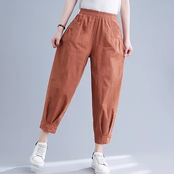 Kadın Yaz Pamuk Keten rahat pantolon Yeni 2021 Vintage Tarzı Düz Renk Elastik Bel Kadın Buzağı uzunlukta harem pantolon B736