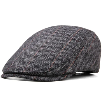 Klasik Sonbahar Kış Erkekler newsboy şapka Bereliler İngiliz Batı Tarzı Yün Gelişmiş Düz Ivy Cap Vintage Çizgili Bere