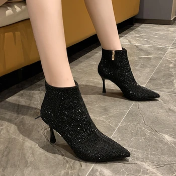 Kış Bling Rhinestone Kristal Ayakkabı Çizmeler Kadınlar Için 8.5 cm Yüksek Yüksekliği Ince Topuk Fermuar Katı Sivri Burun Rahat Footwears