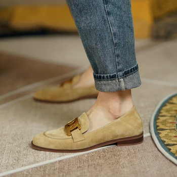 Moda Bahar Sonbahar Kadın Süet Loafer'lar Hakiki Deri Kayma Kadın Flats Ayakkabı Bayanlar Düşük Topuklu rahat ayakkabılar Mavi Bej