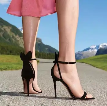 Moda Kadın Siyah Çıplak Süet Kelebek Düğüm Geri yüksek topuklu sandalet Kadın Basit Bir Çizgi Ayak Bileği Toka Askı Parti Sandalet