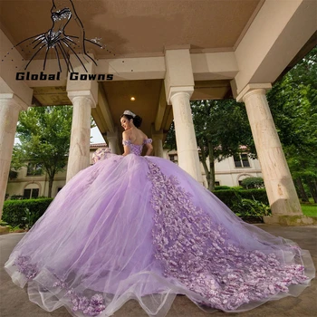 Prenses Leylak Mor Kapalı Omuz Balo Quinceanera Elbiseler Boncuklu Ünlü Parti Törenlerinde 3D Çiçekler Mezuniyet Vestido