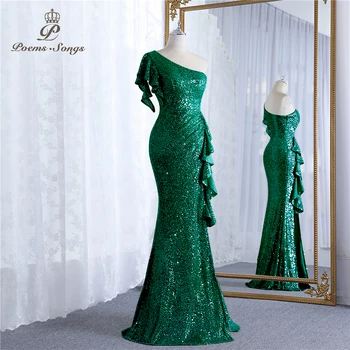 Pullu elbise bir omuz yeşil kadın akşam elbise vestidos formales vestidos de fiesta robe de soiree de mariage parti elbise
