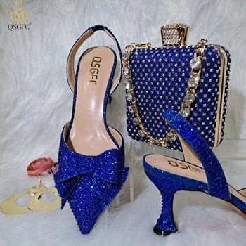QSGFC 2022 İtalyan Moda Tasarım R. Mavi Cam Topuk Sivri Bayan Ayakkabıları Ve Süslemeleri Kristaller İle Çift kullanımlı Çanta Düğün Parti