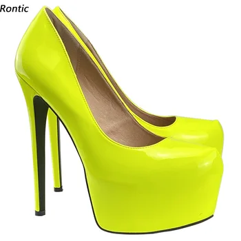 Rontıc Kadınlar Yeni Moda Platformu Pompaları Patent Deri Stiletto Topuk Yuvarlak Ayak Muhteşem 12 Renk parti ayakkabıları Kadın ABD Boyutu 5-20