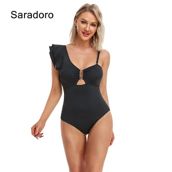 Saradoro V-Ring Tek Parça Mayo Kadınlar İçin Mayo Seksi Halter Bir Omuz Mayo Fırfır Monokini Bodysuit Beachwear