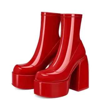 Sevimli Büyük Ayak Ayakkabı Ganimet Patent PU Ayak Bileği Kısa Kalın Topuk Platformu Moda Çizmeler Kadınlar için Katı Kış Sonbahar Kayma-on 43