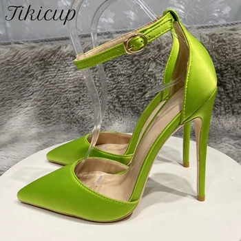 Tikicup Fluo Yeşil Saten Ipek Kadın Ayak Bileği Kayışı D ' Orsay Yüksek Topuk Düğün Ayakkabı Yaz Zarif Bayanlar Stiletto Sandalet Pompaları