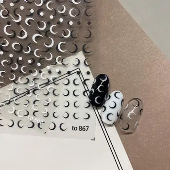 Ultra İnce 3D Tırnak Çıkartmalar Siyah Ve Beyaz Hilal Ay Tasarım Tırnak Sanat Çıkartmaları Dekorasyon Yapışkanlı Tırnak Takılar Sarar Folyo