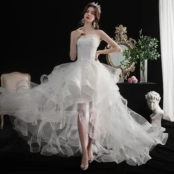 Vestido De Noiva 2022 Yeni Ön Kısa Uzun Geri Straplez düğün elbisesi Tatlı gelinlik Tren İle Custom Made gelinlik