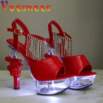 Voesnees Parlayan Bayan Ayakkabıları 2021 Yeni Patent Deri Taklidi Yaz Kadın Sandalet Tabanca Topuk 14cm Yüksek Topuklu Düğün Ayakkabı