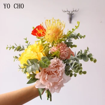 YO CHO Kaynağı Sarı Renk Karışık Gül Şakayık çiçek Buketi yapay çiçekler Düğün Buket DIY Ev Dükkanı noel dekoru
