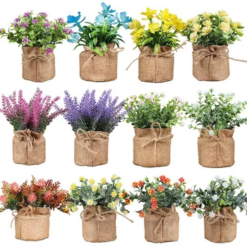 Yapay Plastik Çiçekler Bonsai Küçük Çiçekler Çuval Bezi Pot Simülasyon Çiçek Saksı Ev Odası Masa Dekorasyon Bahçe Süsleri