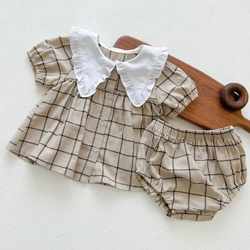 Yaz Toddler Bebek Erkek Giysileri Takım Elbise Pamuk Ekose kısa kollu tişört + PP Şort Kore Tarzı Yenidoğan Bebek giyim setleri
