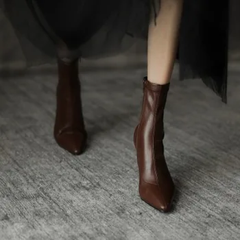 Yüksek Topuklu Elbise Ayakkabı Sivri Burun Çıplak Çizmeler Siyah Patik İnce Topuklu Moda yarım çizmeler Retro Bayanlar Ayakkabı Botas
